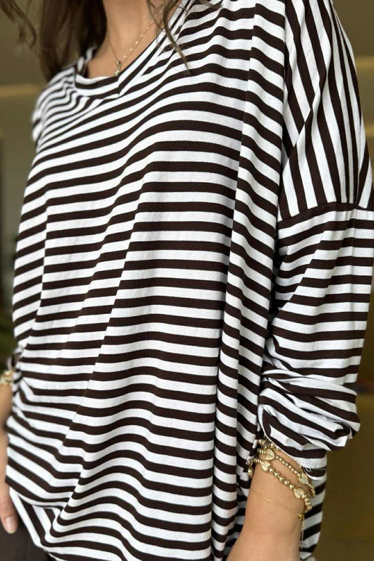 Made in Italy Perfect Breton V Long Sleeve Top Dark Brown - ** 